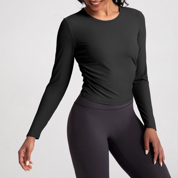 Beige Ribbed Women Activewear Tops Long Sleeve Cropped Stretch Slim Fit Crew Neck
