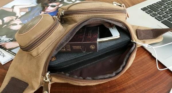 Mens Three Pockets Canvas Waterproof Fanny Pack Waist Bags With Adjustable Strap
