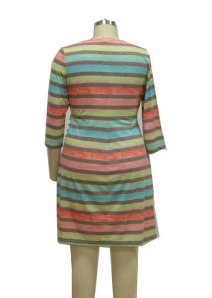Colorful Printed 3 4 Sleeve Cocktail Dresses , Striped Casual Dress For 40 Year Old Woman