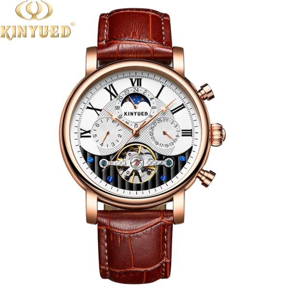 KINYUED moon phase skeleton watch tourbillon mens automatic mechanical watch luxury