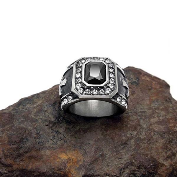 Vintage Inlay Mens Gothic Stainless Steel Band Ring with Black Cubic Zircon（SA566BLACK）