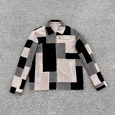 Custom Men's Flannel Plaid Shirt Long Sleeve Zip Up Corduroy Shirt with Color Patchwork and Customized Size