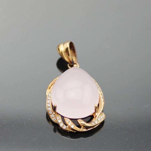 18K Rose Gold Plated 925 Silver Pear Rose Quartz  Cubic Zirconia Pendant (PSJ0167)