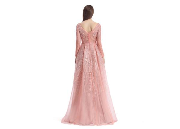 Pink V Neck Arabic Evening Gowns , A - Line Long Sleeve Arabic Party Dress