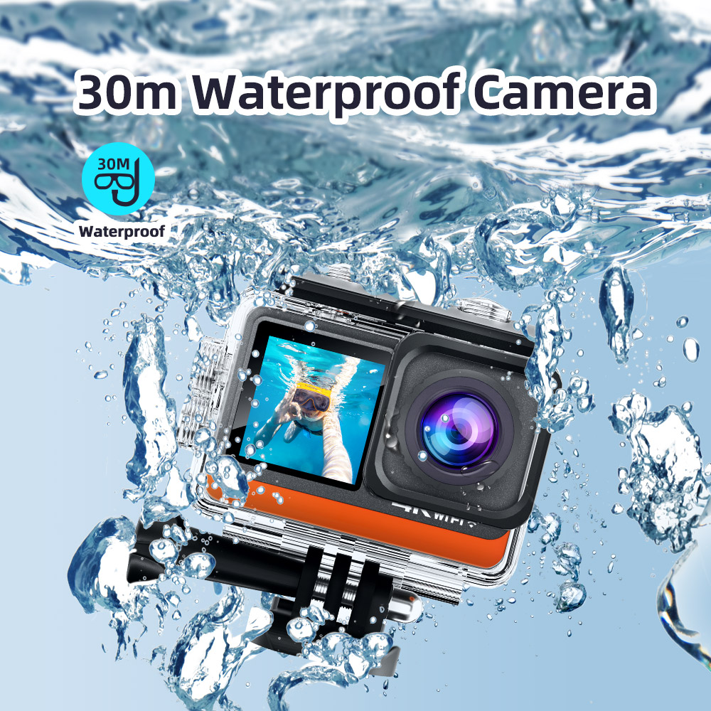 4K Waterproof Sports Action Camera with 170 Wide Angle Dual Touch Screen WiFi 30m Housing 2.4G Remote Control for Outdoor Use