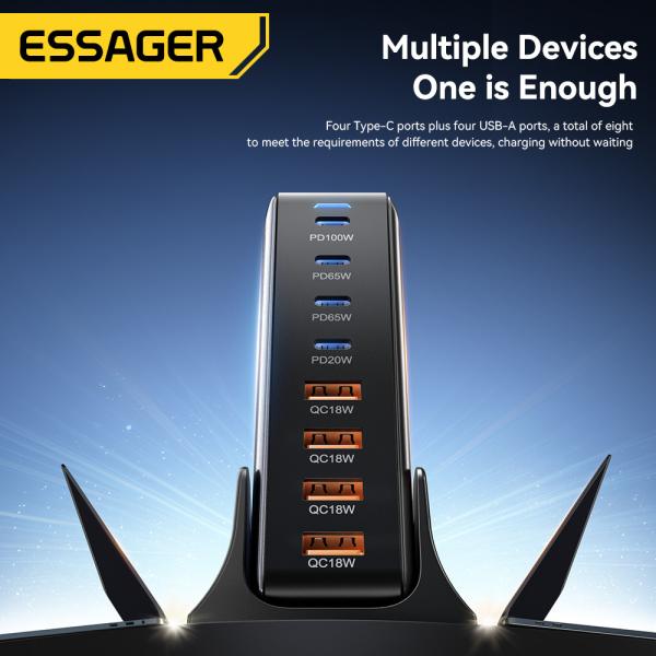 ESSAGER YMX-320W Series PD 20W 65W 100W QC 18W 8 Ports USB-C USB-A GaN Charger with Overvoltage Protection