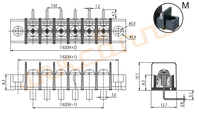 10.0mm Pitch Screw-Clamp Barrier Terminal Block Connector with 15A Rated Current