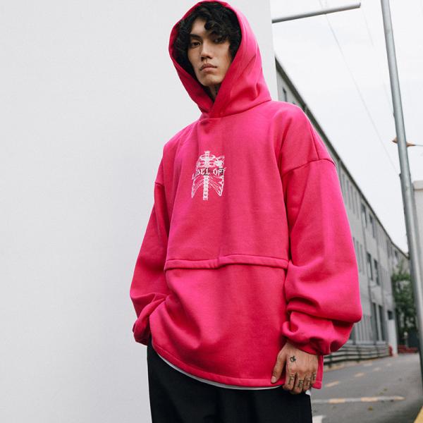 Pulôver liso do ombro da gota do rosa do inverno das meninas do Hoodie do velo do bolso do malote do cordão