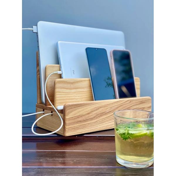 Desk Organizer Gift for men Personalized Wooden Tablet stand Multi Device Organizer for Smartphones Ultimate device storage