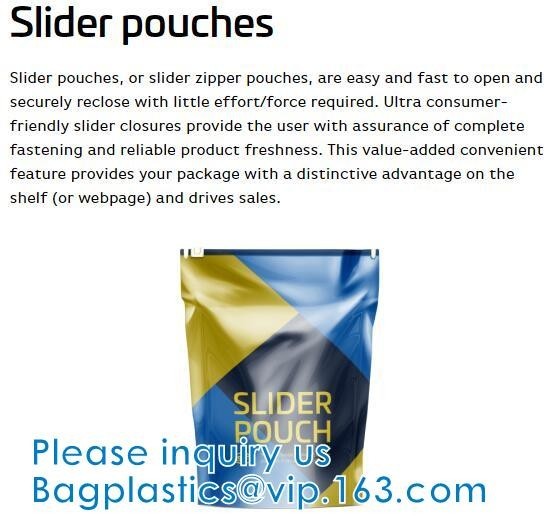 Slider Pouch Bags, Flat bottom, Square bottom, round bottom, zip top, slider top