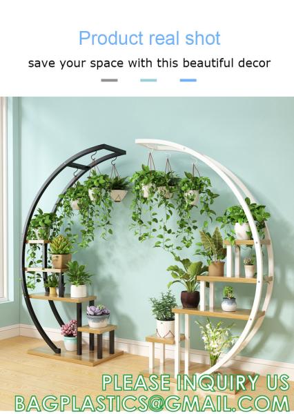 Metal Plant Stand Creative Half Moon Shape Ladder Flower Pot Stand Rack for Home Patio Lawn Garden Balcony Holder