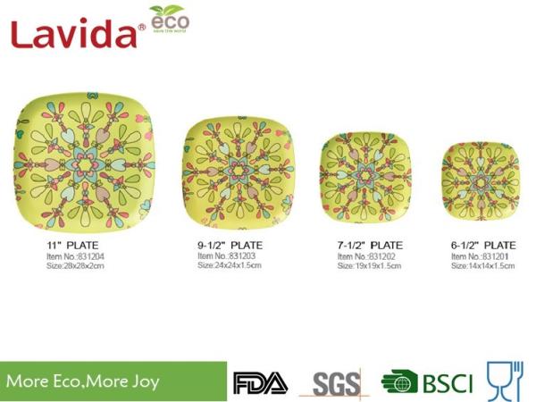 LFGB CE FDA standards colorful abstract flower style Bamboo Fibre square Food Plate Meal Serving dish