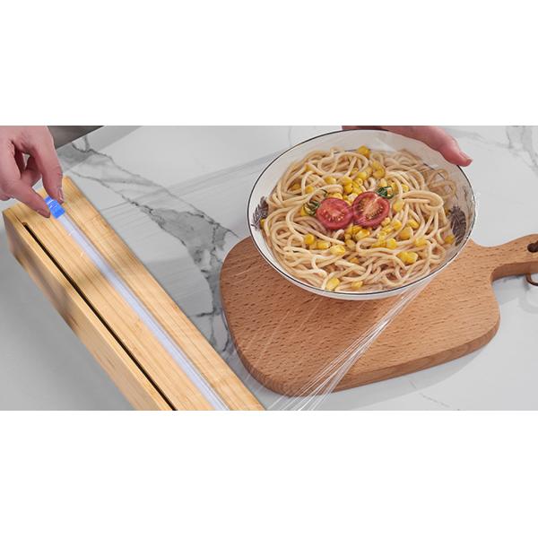 Plastic Wrap Dispenser, Bamboo Wood Cling Food Wrap Dispenser, With Slide Cutter & A Roll Of 11.5