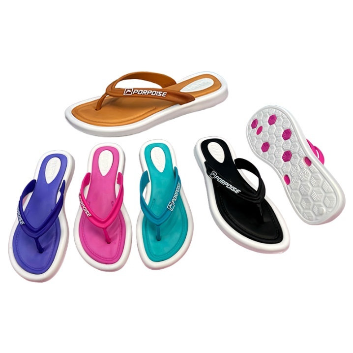 PVC Women Flip Flops with Letter Print Strap and Thick Two-tone Sole
