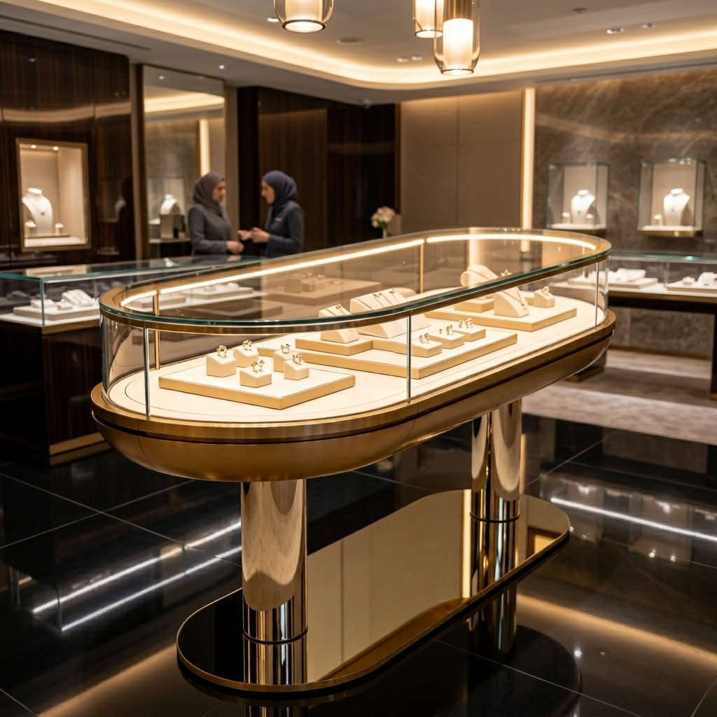 Curved Glass Jewelry Display Case with LED Lighting and Customizable Design for High-End Luxury Jewelry