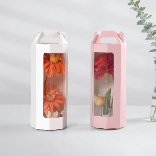 Flower Gift Box With Transparent Window Elegant Floral Presentation Packaging Carry Handle Design Wedding Event Bouquet Display Box