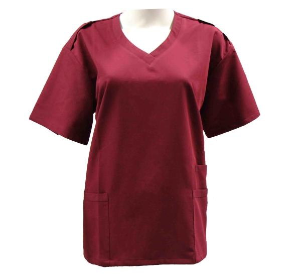 155 GSM Polyester 65% / Cotton 35% Women V Neck Short Sleeves Dull Red Medical Scrubs Antimicrobial