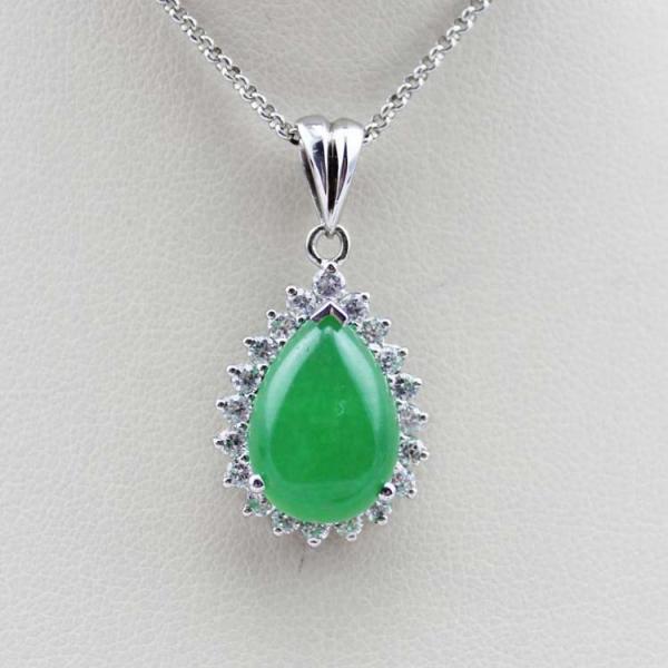 Women Jewelry 925 Silver Pear Shaped Green Jade Cubic Zirconia Pendant Necklace  (FP036)