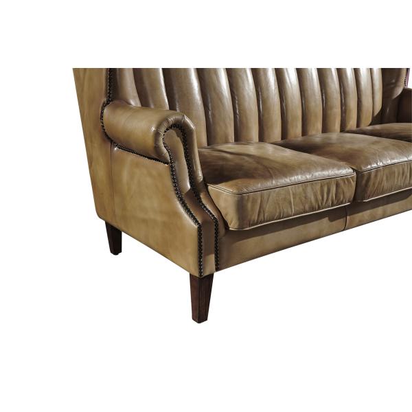 Solid Wood Legs 3 Seater Sofa Brown Leather With Hand Water Wash Workcraft