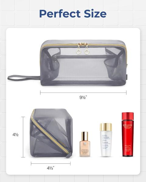 Portable Large Black Mesh Cosmetic Bag Open Flat Organizer Travel Bag For Men Women