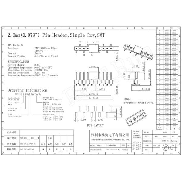10P PA6T Male Header Connector Single Row CAP SMT 2.0mm Height 2A PBT