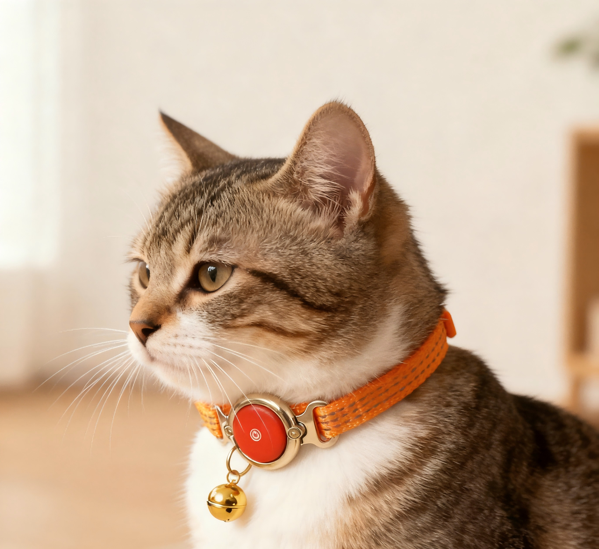 Durable Pet Collar for Cats Orange Smart Round Power Button Bell Metal Buckle Webbing