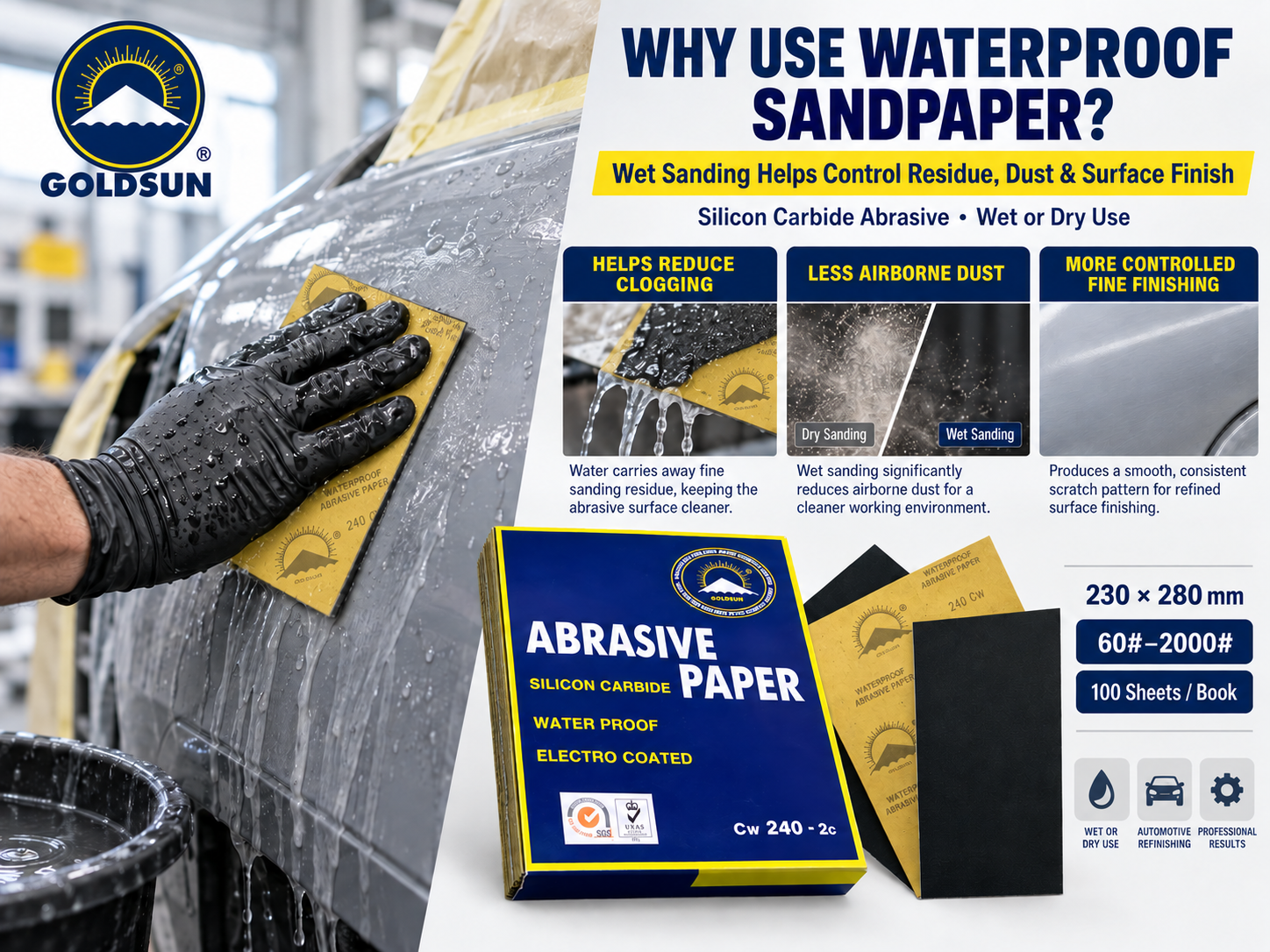 GOLDSUN Waterproof Sandpaper 60#–2000# Silicon Carbide Wet and Dry Automotive Sanding Paper