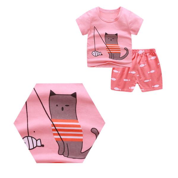 Summer Kids Pajama Set Plain Animal Short Sleeve Tee And Shorts