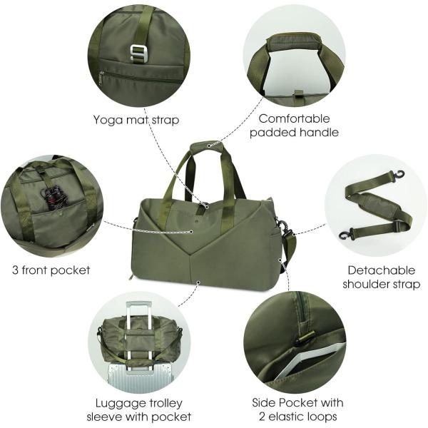 Bolso verde portátil de noche de fin de semana de gimnasio Bolso de bolso con zapatos de bolsillo mojado Compartimiento