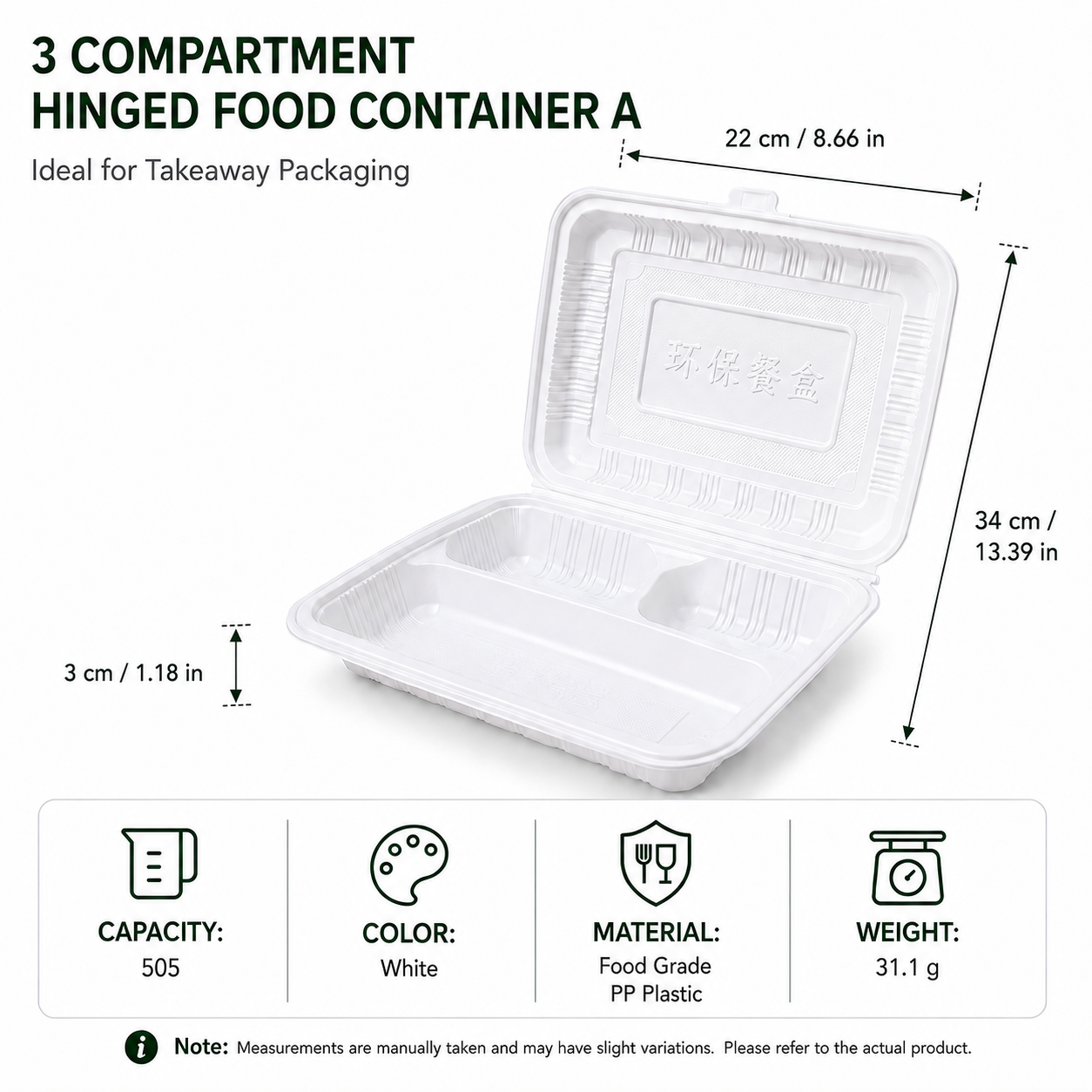 Three Compartment PP Clamshell Take Out Box for Main Course / Side Dish