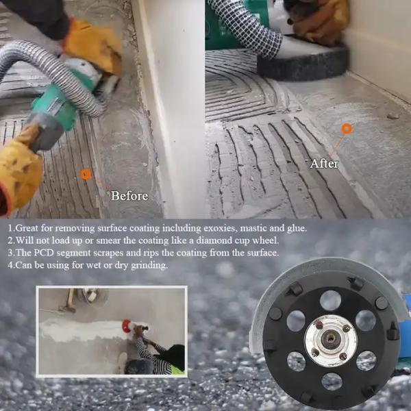 Roda de taça de moagem PCD para remover a tinta mastica da cola epóxi e o revestimento da superfície do piso de concreto