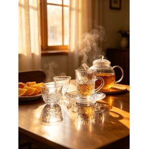 Luxury Star Cut Lead-Free Glass Tea Set | 12 Mugs, 12 Saucers & 12 Cawa Cups