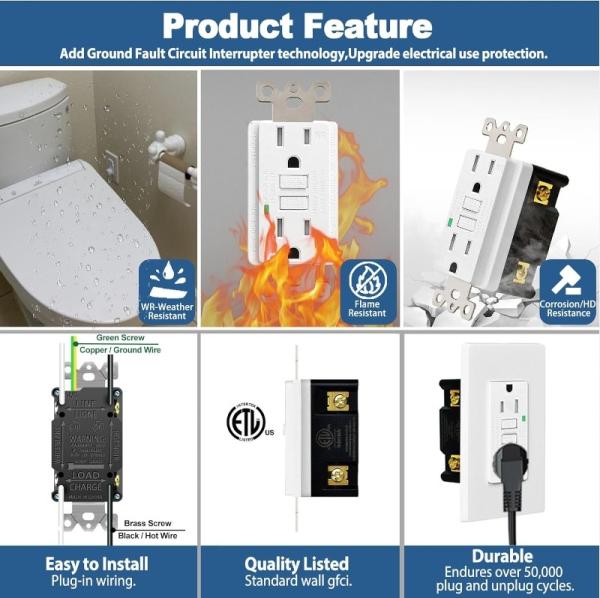 15A 125V 60Hz GFCI Power Outlet Self Grounding Wall Safe Socket