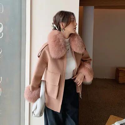 Korean Style Fox Fur Coat Fall Winter Short Women Genuine Wool Coat