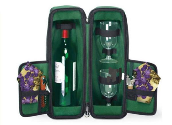 Customized wine picnic bag with strap for one wine bottle and two glass bag