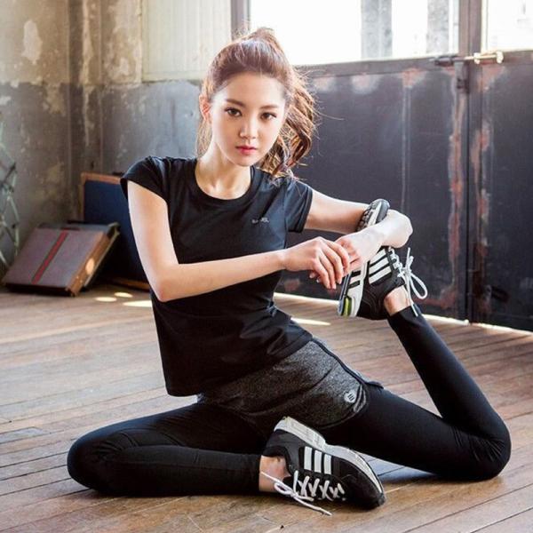 CPG Global Women 2017 Spring Summer Quick Dry 2 Pieces Set Stretched Sports Shirt  with Fake-Two Pieces Yoga Pant T1021
