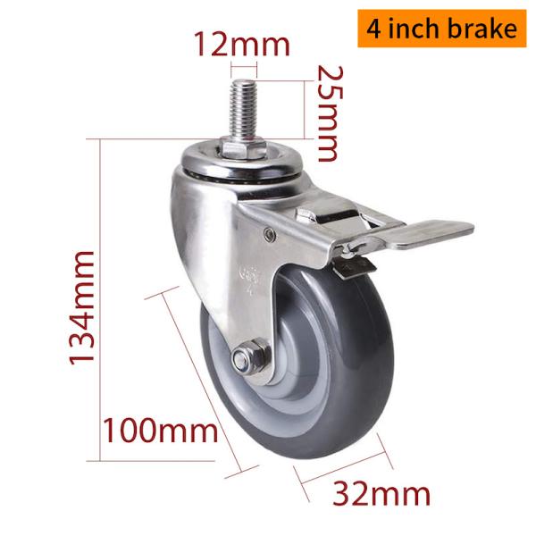 EDL 4Inch Stainless Steel Caster Loading 150Kg with TPU Wheel  Threaded Swivel/Brake S544S-75