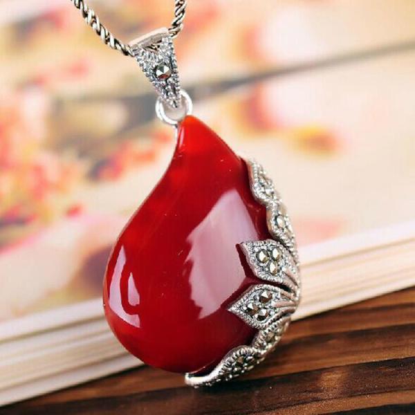 Vintage Jewelry 925 Silver Red Agate  Marcasite Drop  Pendant Necklace 18 Inches (JA1674RED)