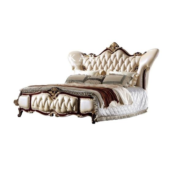 Luxury Antique European Design Upholstered Leather Wooden Carving King Size Bed
