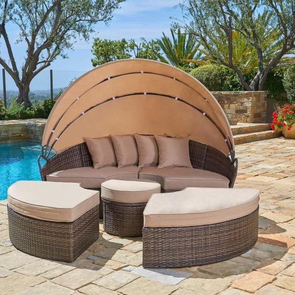 Modern Hotel Outdoor Furniture Patio Rattan Round Flip Top Daybed With Canopy Cushion For Backyard Porch