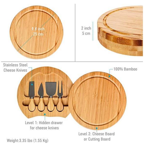 Small Bamboo Meat Charcuterie Cheese Board with Knives Custom Logo Round Pizza Stands