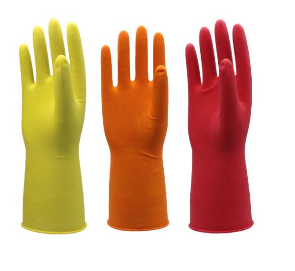 Natural Latex Dip Flocklined Household Cleaning Gloves Red Yellow Orange