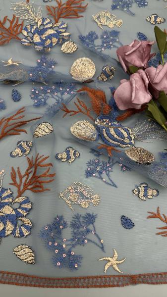 Sea Fish Embroideded Chinese Culture Luxary Mesh Funny Breathe Fabric For Party Gowns