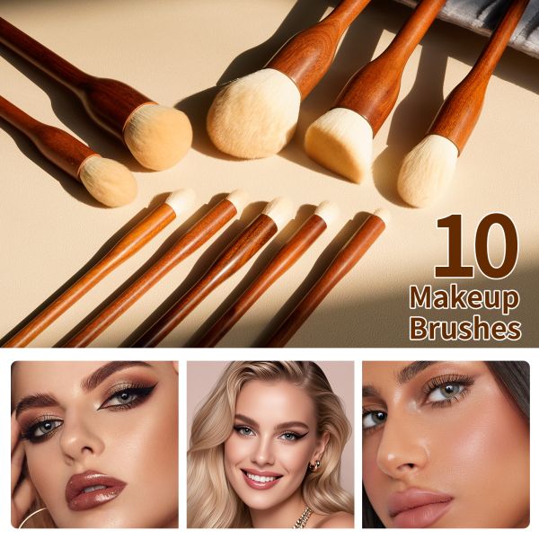 10-Piece Makeup Brush Set with Ultra-Soft Bristles and Solid Wood Handles for Professional Application