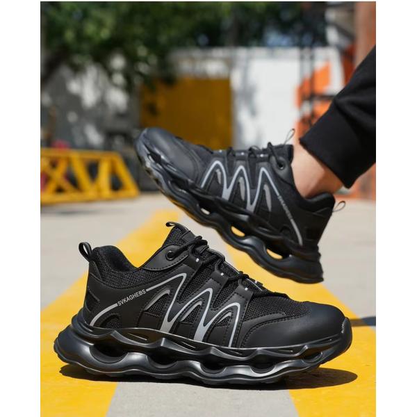 Breathable Microfiber Leather Mesh Safety Shoes With Kevlar Anti-stab Steel Toe And EVA Sole In Black