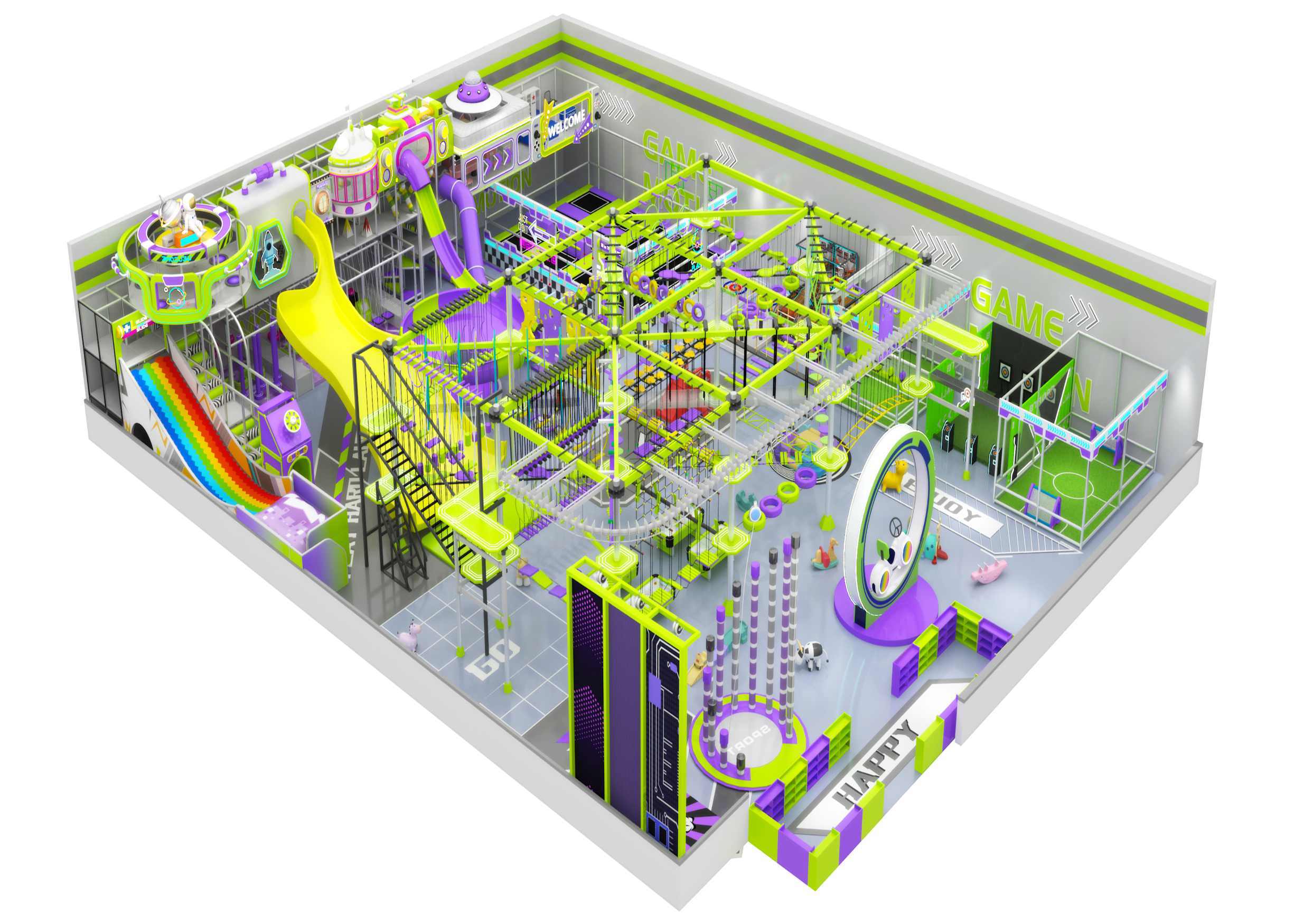 Cream Yellow, White & Mint Green Sports Themed Indoor Soft Play & Trampoline Park | Commercial Mall FEC Playground