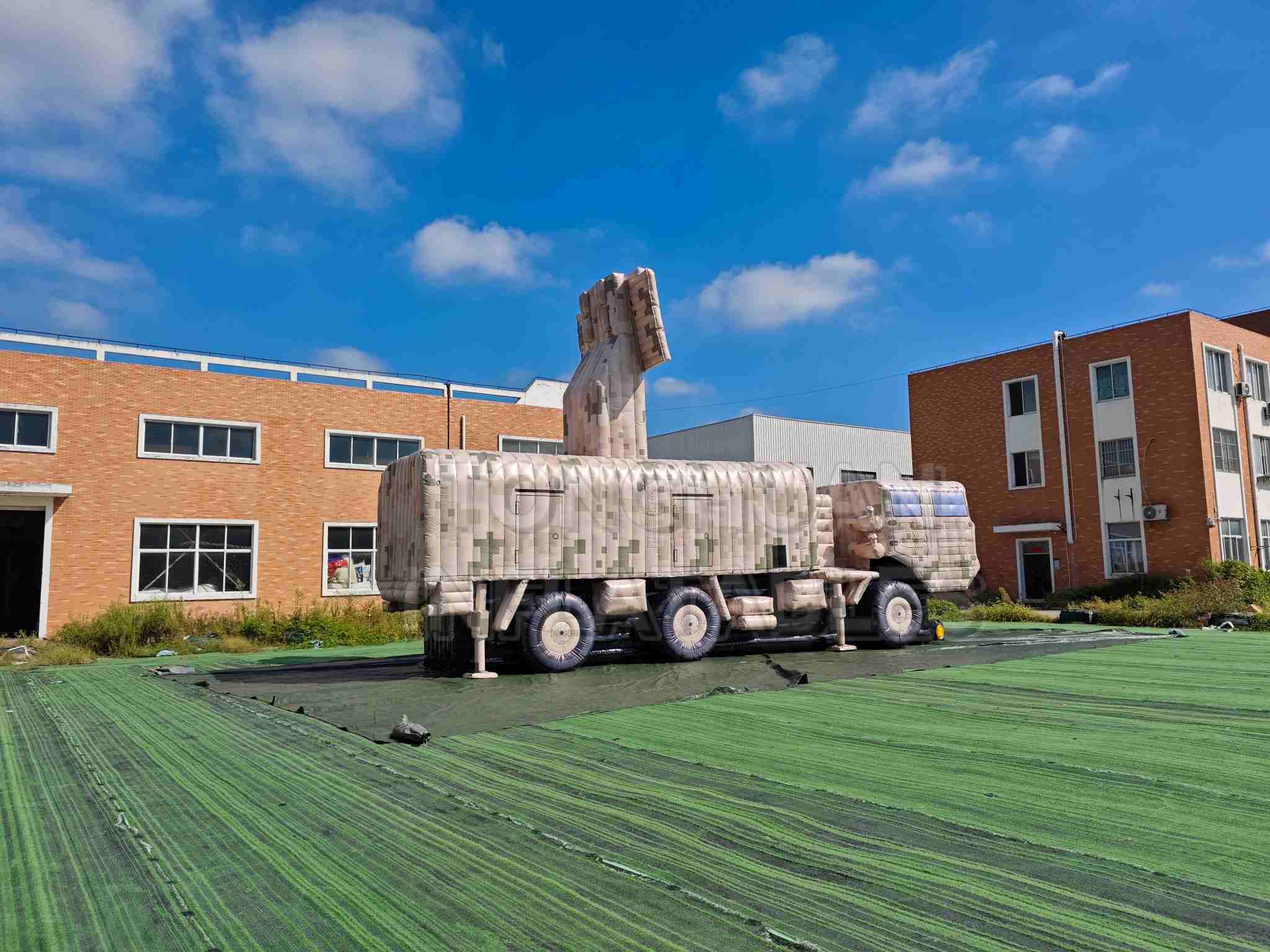 Custom Inflatable Radar Vehicle Decoy with Raised Rectangular Antenna Panel Detailed Truck Body and Camouflage Printing for Training Display Projects