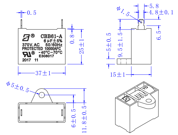 CBB61 Вентиляторный конденсатор 370V 6.0UF Моторный конденсатор защищенный 10000AFC передний багажник