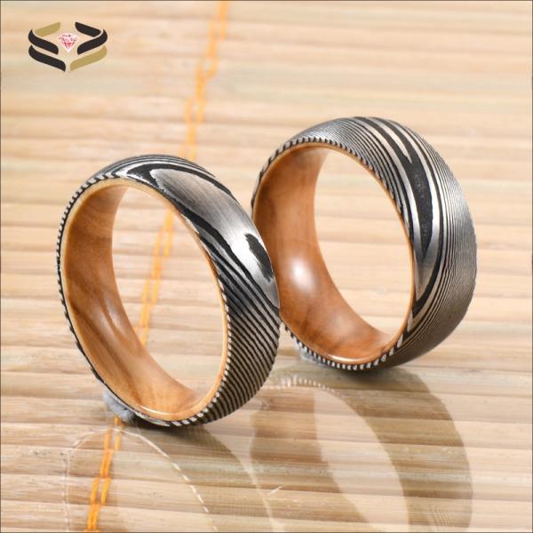 Etched Wedding Damascus Steel Rings Olive Wood Sleeve Inlayed 6mm 8mm For Christmas Gift