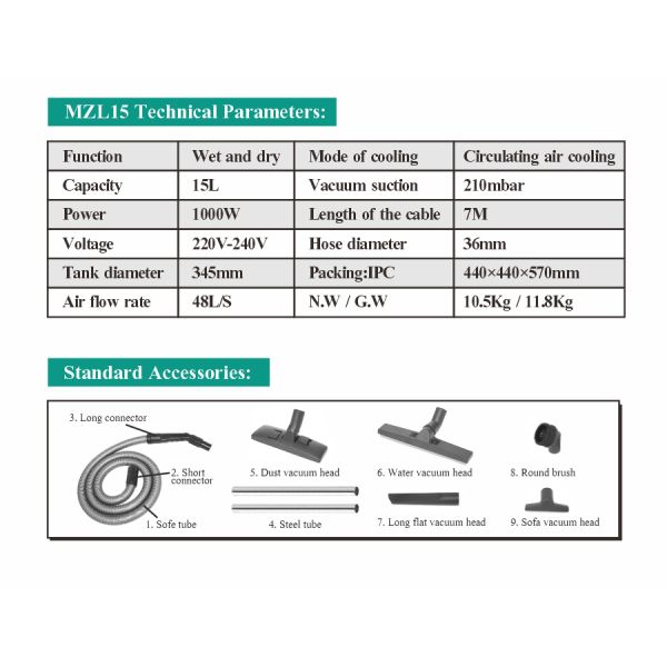 Commercial 1000W Electric Vacuum Cleaner Machine 15L Wet and Dry